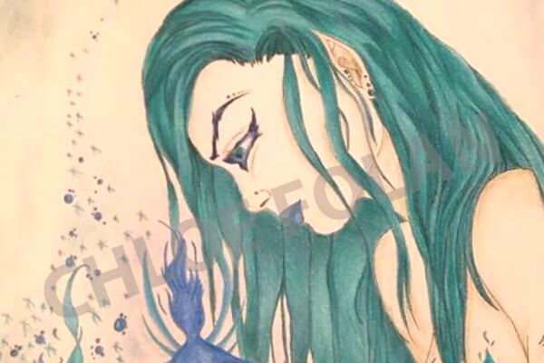 Artwork depicting girl looking at statue of blue angel.